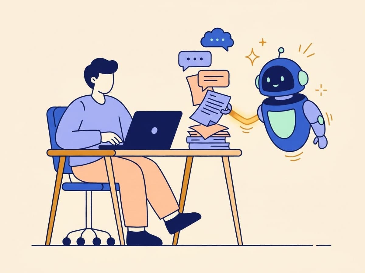 Illustration of a person working at a desk while a friendly robot assistant sorts documents
