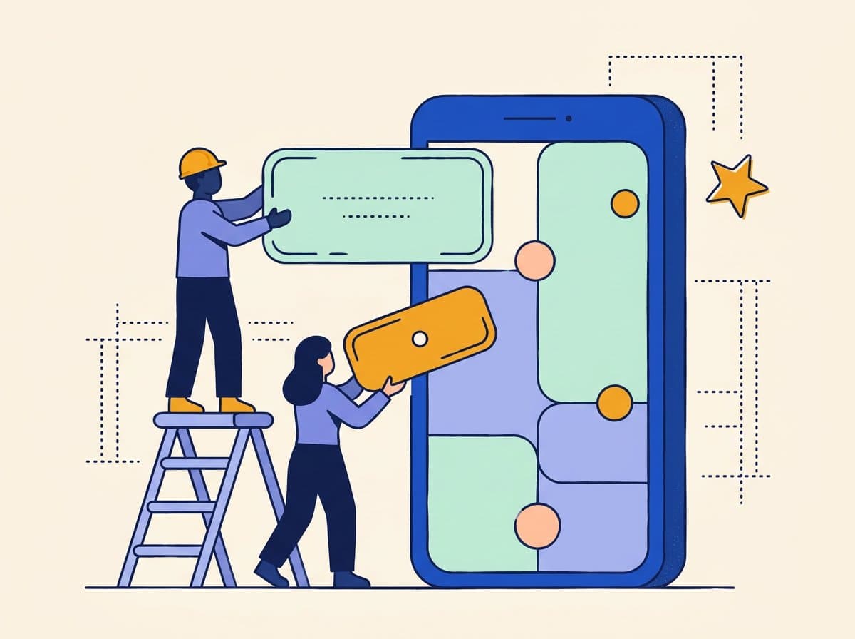 Illustration of two people assembling a large app interface together